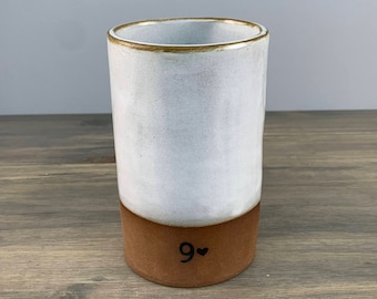 9 Year Anniversary Gift for Wife | Small Pottery Flower Vase | Vase with 9 | Rustic Asymmetrical Handmade | 6" Cylinder | Gift Vase for Her