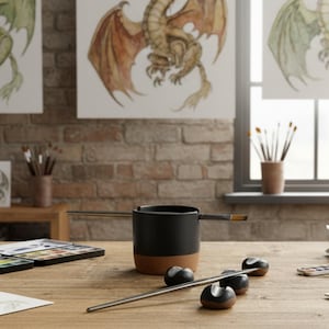 May include: A black and brown ceramic paint holder with two metal paint brush rests. Three black and brown ceramic paint holders are on the wooden table. Watercolor dragon art hangs on the brick wall.