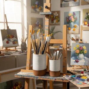 Ceramic Paintbrush Holder | Gift for Artist | Desktop Storage Cups | Rustic Handmade Pottery Organizer | Art Supply | Ceramic Cylinder