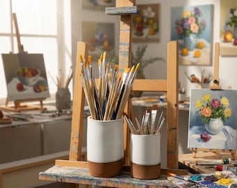 Ceramic Paintbrush Holder | Gift for Artist | Desktop Storage Cups | Rustic Handmade Pottery Organizer | Art Supply | Ceramic Cylinder