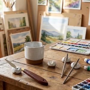 May include: A wooden table displays art supplies, including a white and brown ceramic cup, paint palette, paint brushes, and a palette knife. Watercolor paintings are visible in the background, suggesting an artist's workspace.