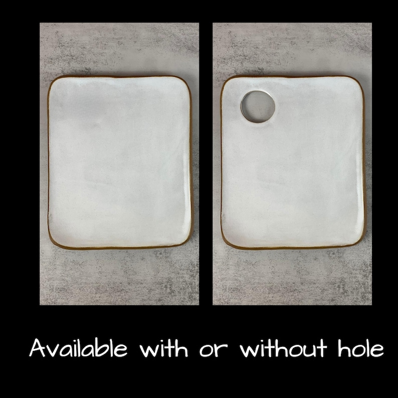May include: Two white ceramic serving platters, one with a circular hole. Both have a rectangular shape with rounded corners and a brown rim. The text "Available with or without hole" is at the bottom.
