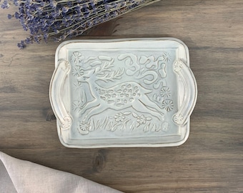 Woodland Deer Small Ceramic Tray | Handmade Pottery | Forest Animal Catchall Tray | Kitchenware Gift | Woodsy Decorative Tray | Boho Decor