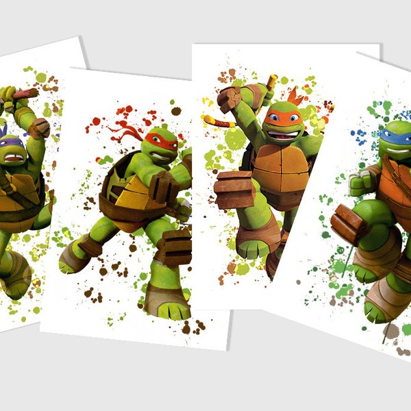 Cartoon Turtle set of 4 wall decor Prints unframed - Turtle Ninja Wall Prints, Sizes 6'X4', A4, A3 - Cartoon Turtle wall art ready to frame