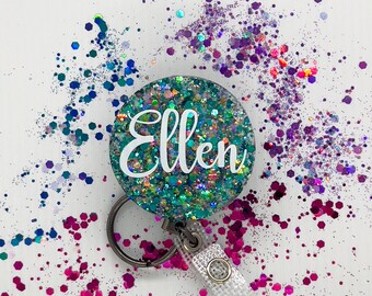 Ocean Greens Badge Reels | Custom Glitter Badge for Nurses | Midwife | Teacher | Doctor