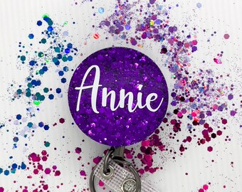 Grape Ape Name Badge Reels | Custom Glitter Badge for Nurses | Midwife | Teacher | Doctor