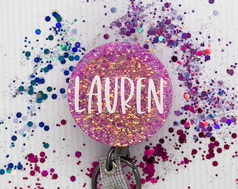 Tickled Pink Name Badge Reels | Custom Glitter Badge for Nurses | Midwife | Teacher | Doctor