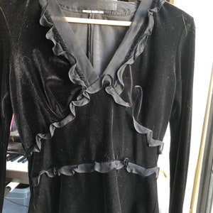 Vintage Charles Chang Lima black velvet blouse with silk chiffon ruffles + burn-out velvet black and blue sheer culottes