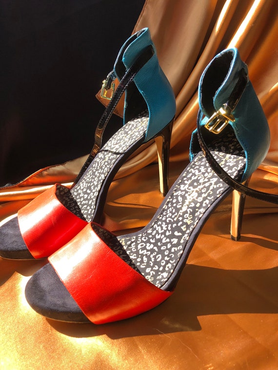 Jessica Simpson 10B 40 Tomato Red and Ocean Blue Open Toe High Heels sawana Etsy Australia