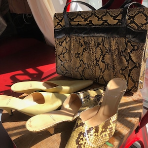Bally mules set of Two pairs 8 1/2 US Bally snakeskin mules; and also Bally banana color leather mules, 9 US