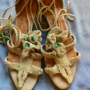 Vintage Stella McCartney summer sandals with ankle straps, tan Jute and green beads
