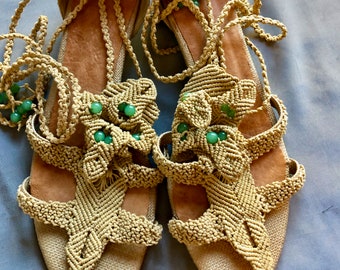 Vintage Stella McCartney summer sandals with ankle straps, tan Jute and green beads