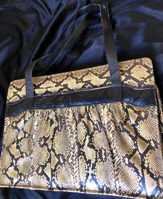Vintage dark brown and cream-colored snake handbag