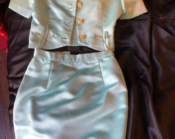 Traje de falda para mujer Danny Wise Milano Designer Vintage 1992 verde pálido (celadón) confeccionado en seda sin forro, talla pequeña