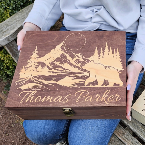 Engraved Wooden Memory Box, mountain forest bear son brother fathers, keepsake box retirement coworker, Gift, Mothers, sister daughter