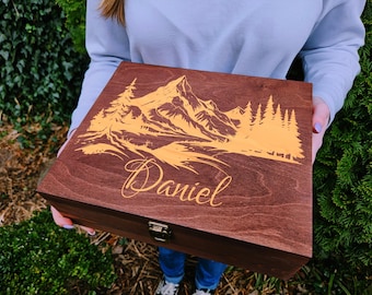 Personalized Wooden Keepsake Box: Engraved Mountain Scene Memory Box