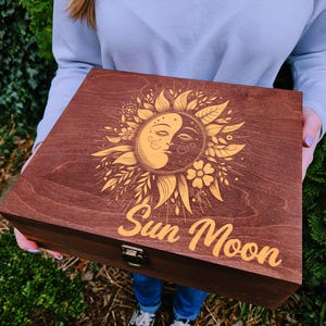 Personalized Sun and Moon Keepsake Box, Engraved Wooden Memory Box, Celestial Jewelry Box, Custom Name Gift