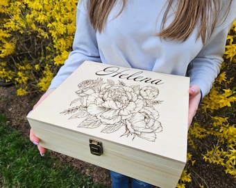 Personalized Wooden Keepsake Box with Peony Engraving, Custom Name Memory Box Gift for Her Wedding, Birthday, Anniversary, Bridesmaid Gift