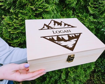 Personalized Mountain Keepsake Box, Custom Engraved Wooden Memory Box, Forest Lake Box, Hiking Gift, Nature Lover Gift, Adventure Keepsake