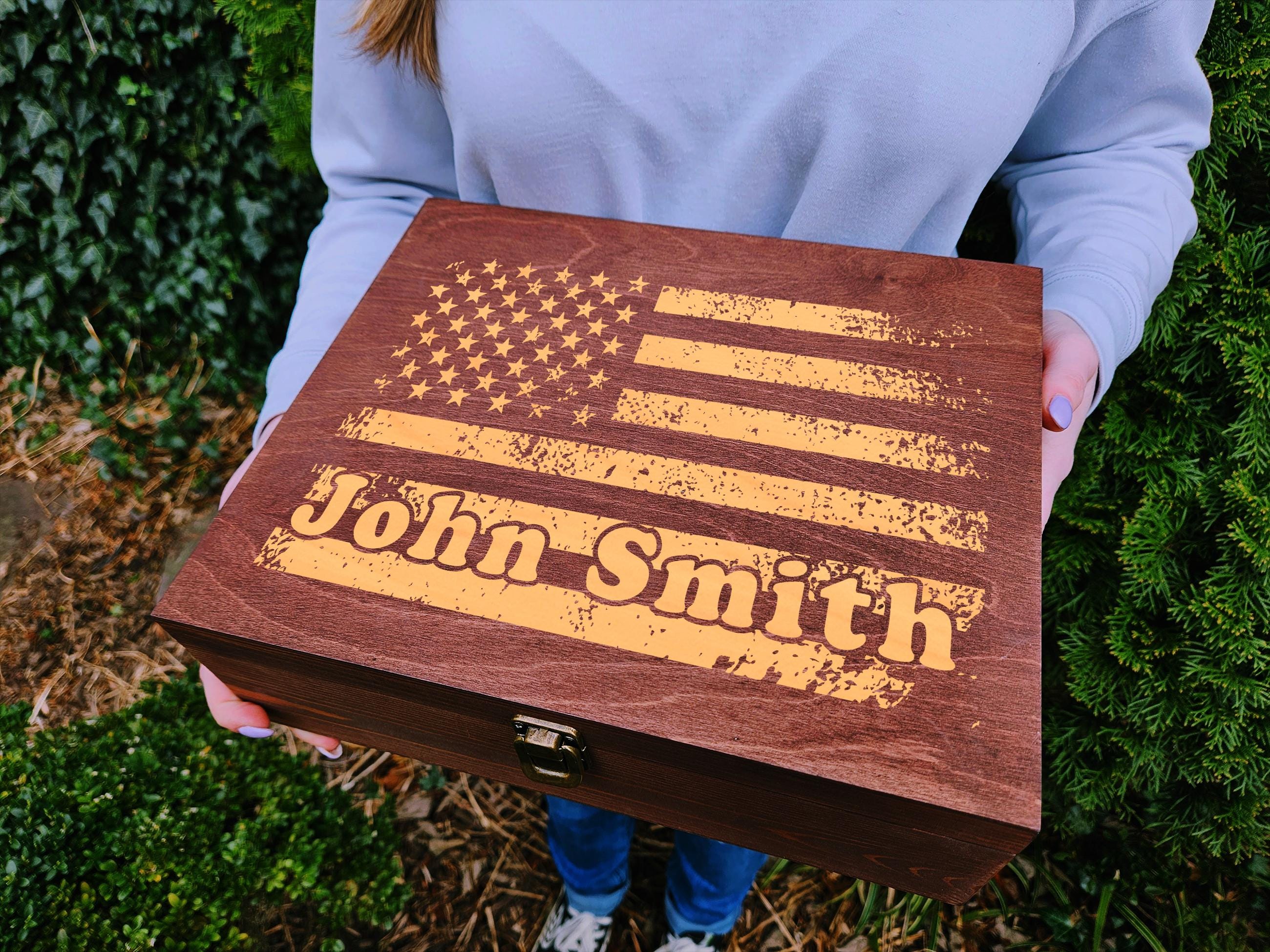 American Flag Keepsake Box Personalized Engraved USA Flag Box Fathers Day Gift Military Retirement Gift Independence Day Wood Memory Box