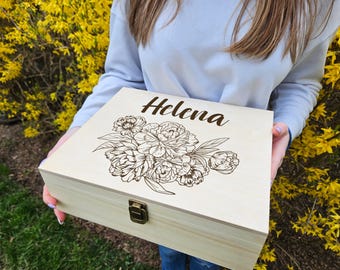 Personalized Wooden Keepsake Box with Peony Engraving, Custom Name Memory Box Gift for Her Wedding, Birthday, Anniversary, Bridesmaid Gift
