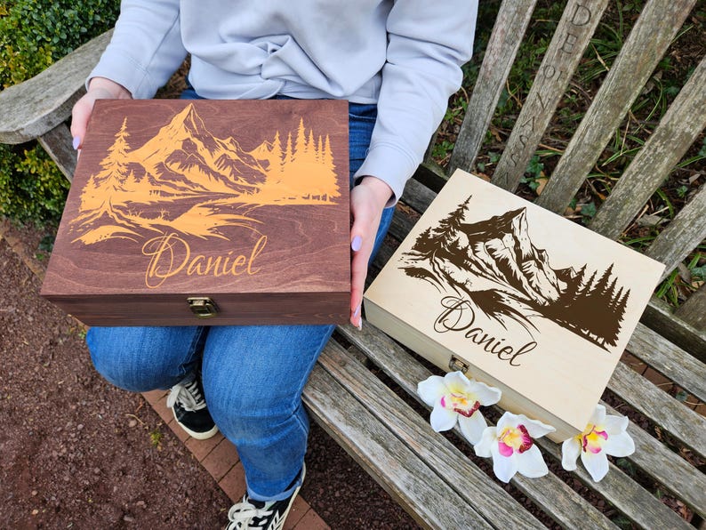 Personalized Wooden Keepsake Box: Engraved Mountain Scene Memory Box - Etsy