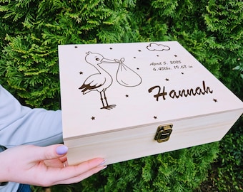 Personalized Baby Keepsake Box – Custom Newborn Memory Box with Name, Birth Stats & Stork Design – Unique Baby Shower Gift for Girls or Boys