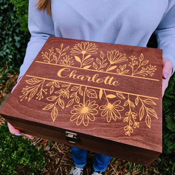 Personalized Floral Engraved Wooden Keepsake Box, Custom Name Gift