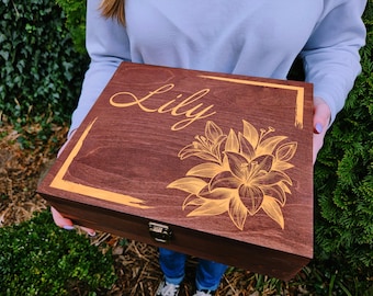Personalized Wedding Keepsake Box: Engraved Floral Wooden Memory Box