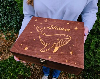 Personalized Wooden Keepsake Box with Whale Design – Custom Name Memory Box for Kids, Baby Shower Gift, Ocean Nursery Decor, Birthday Gift