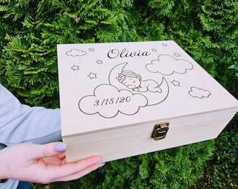 Personalized Baby Girl Keepsake Box, Engraved Moon & Stars Design, Custom Name Memory Box, Newborn Gift, Baby Shower, Birth Announcement Box