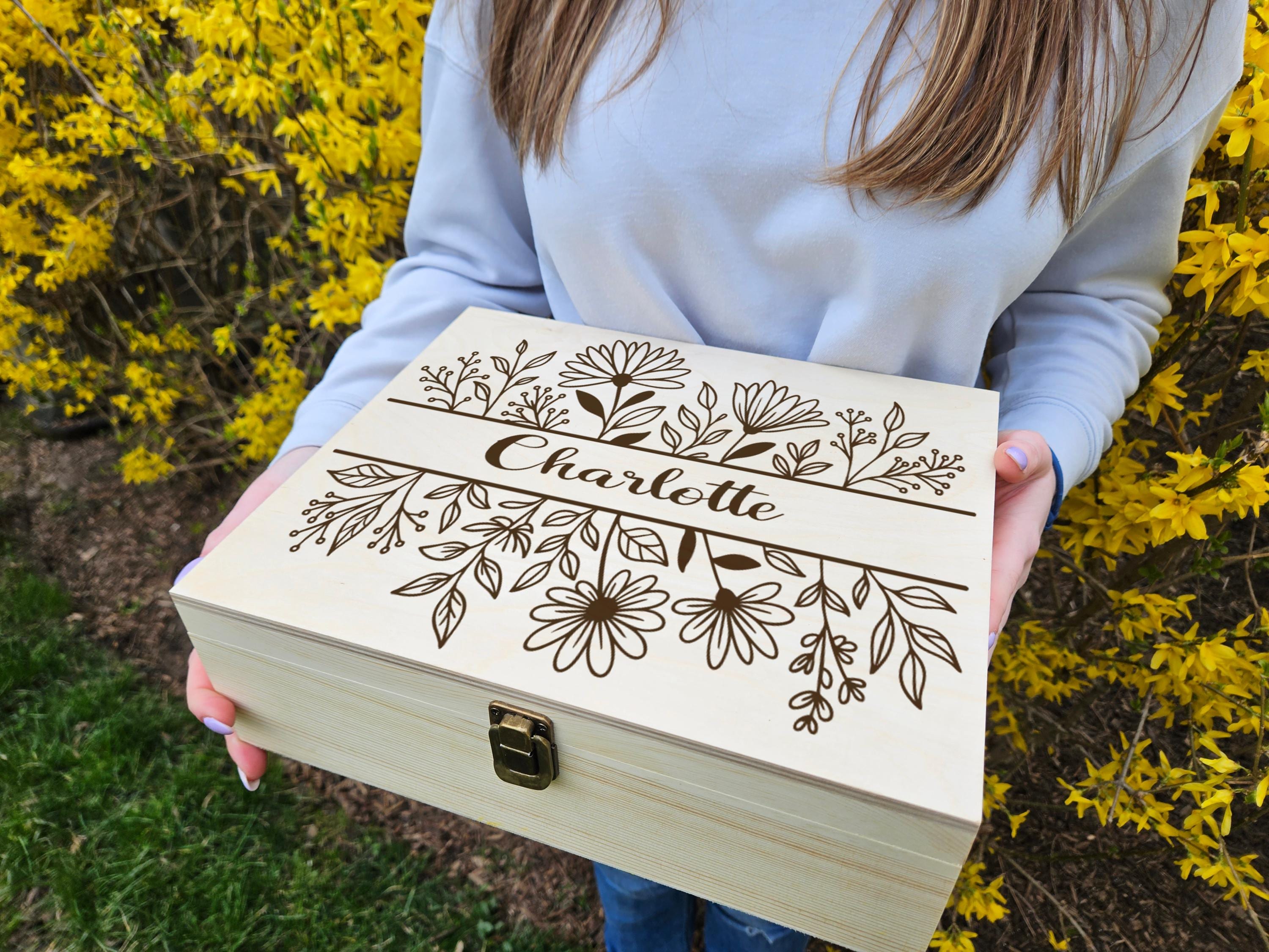Personalized Floral Engraved Wooden Keepsake Box, Custom Name Gift - Etsy
