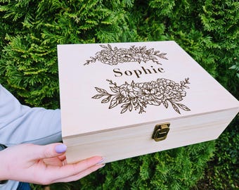Personalized Floral Wooden Keepsake Box: Custom Name Gift