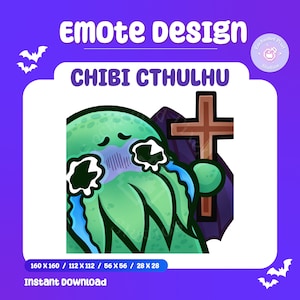 May include: A green, cartoon-style Cthulhu with a sad expression, holding a wooden cross. The Cthulhu is crying blue tears. The background is a dark purple with a black bat wing.