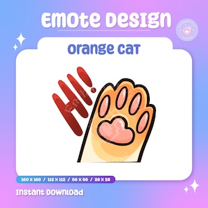 Pode incluir: Design de emote digital com uma pata de gato laranja a dizer "Olá!". A pata é laranja clara com contornos laranja escuro e almofadas rosas. A palavra "Olá!" está escrita a vermelho. O design inclui o texto "Emote Design" e "orange cat".