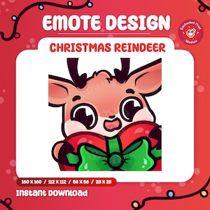 May include: A digital graphic featuring a cartoon reindeer with large eyes, antlers, and a red and green bow. The text "EMOTE DESIGN" and "CHRISTMAS REINDEER" are displayed above the reindeer. The image is set against a red background.