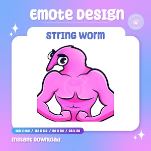 May include: Pink cartoon worm with a muscular body flexing its arms. The worm has a large eye and a small mouth. The text "String worm" is above the worm.