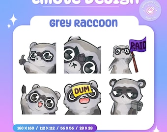May include: A set of eight grey raccoon emoticons with different expressions. The raccoon emoticons are wearing sunglasses, a hat with the word "DUM" on it, and holding a gun and a flag that says "RAID".