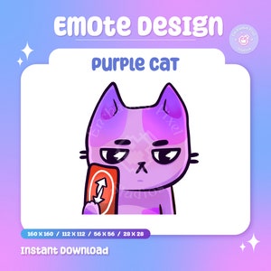 May include: Purple cat emote design with a grumpy expression holding a red playing card with an up arrow. The emote is available in four sizes: 160 x 160 pixels, 112 x 112 pixels, 56 x 56 pixels, and 28 x 28 pixels.