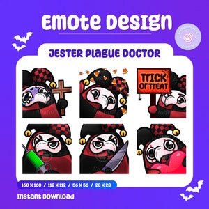 May include: Set of eight digital emoticons featuring a cartoon plague doctor dressed as a jester. The emoticons show the doctor with different expressions and props, including a cross, candy corn, a trick or treat sign, a syringe, a knife, and a heart.