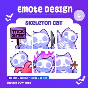 Pastel Purple Twitch Cat Emote | Halloween Skeleton Kitty Emote Pack (6) | Funny Meme Kawaii Neko Emoji Bundle | Instant Download