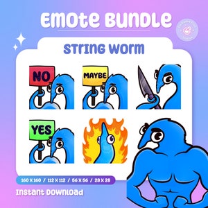 May include: A set of six blue string worm emotes in different poses, including holding signs that say "NO", "MAYBE", and "YES", holding a knife, being on fire, and flexing its muscles. The emotes are in various sizes, ranging from 28 x 28 pixels to 160 x 160 pixels.