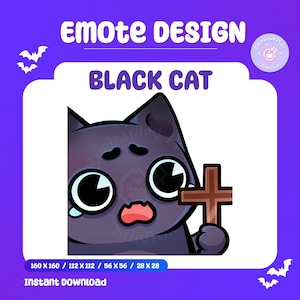 Jumpscare Horror Stream Emote | Cute Chibi Black Cat With A Cross Emoji | Scared Funny Kick Emoticon | Witchy Gothic Streamer Graphics