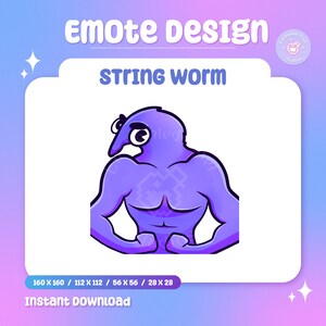 May include: Purple cartoon worm with a muscular body, flexing its biceps. The worm has a large eye and a small mouth. The background is white. The text "String worm" is above the worm.