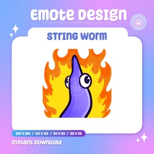May include: Purple string worm cartoon character with large eyes, set on fire with orange and yellow flames.  The text "String worm" is above the image.