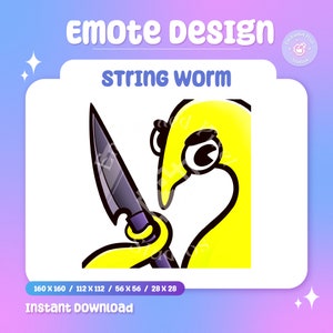 May include: A digital emote design featuring a yellow worm character holding a black knife. The text "STRING WORM" is displayed above the character. The image includes the text "Emote Design" and "Instant Download".