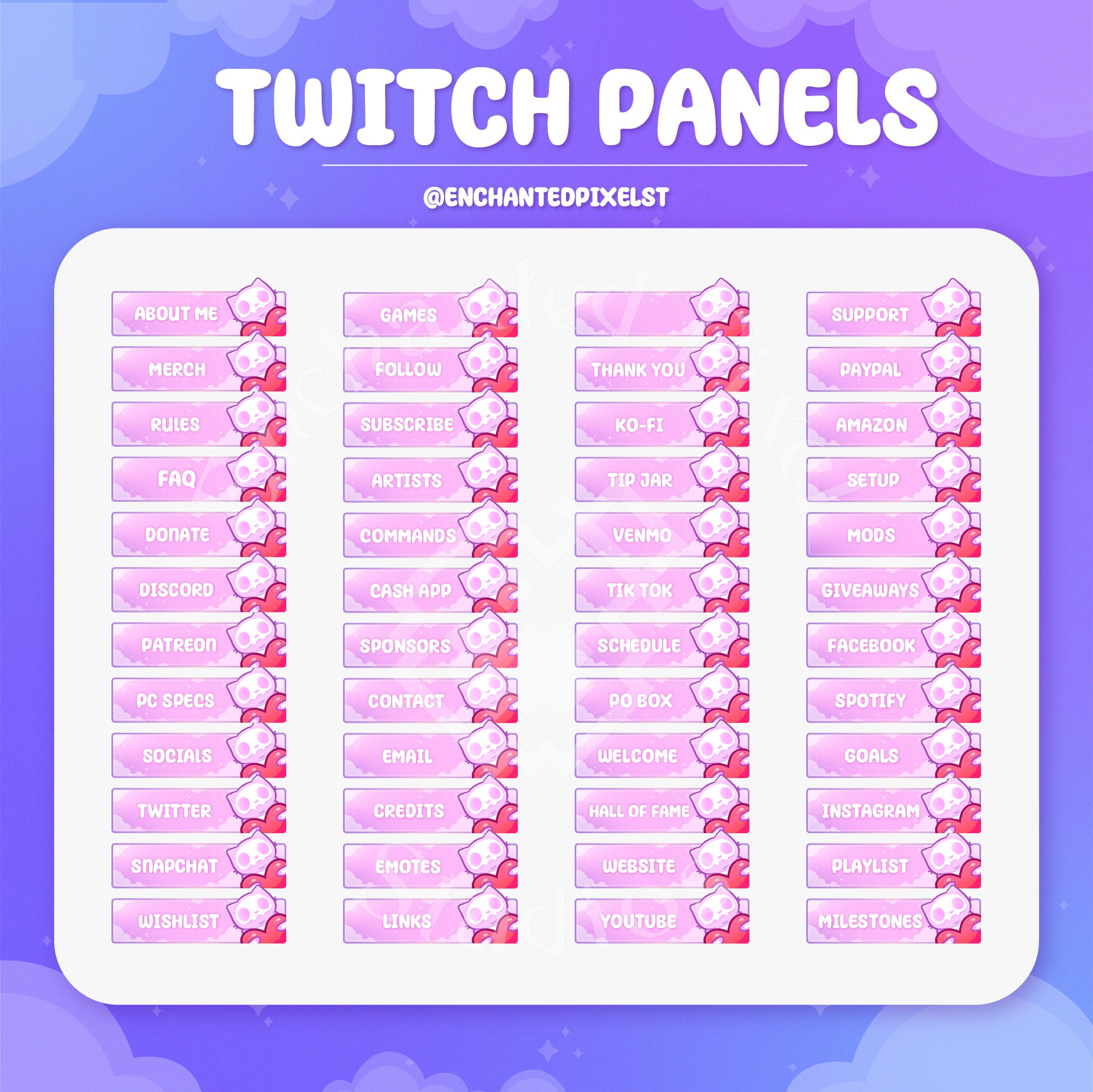 192 Cute Pink Twitch Panel Bundle | Skeleton Cat Complete Twitch ...