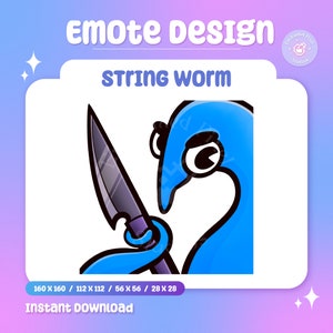 May include: Blue string worm character holding a knife, with a white background.  The character has a large eye and a small mouth.  The text "String worm" is above the character.