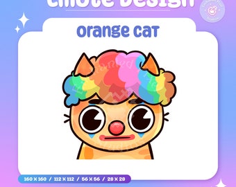 Pode incluir: Design de emote de gato laranja com uma peruca arco-íris e um nariz vermelho. O gato tem uma expressão triste com olhos lacrimejantes. O emote está disponível em vários tamanhos: 160 x 160, 112 x 112, 56 x 56 e 28 x 28.