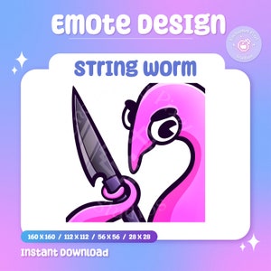 May include: Pink string worm character holding a knife, with the text "String worm" above it.  The image is in a square frame with a white background.